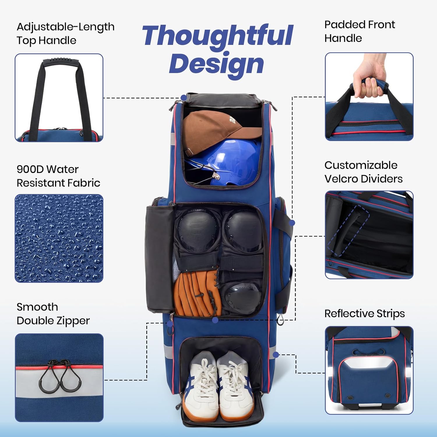 Fanwoli Rolling Baseball Bag with Wheels, Large Softball Catchers Gear Bags for 4 Bats (Fits Up To 32), Separate Shoe Compartment, Safety Reflective Strip, Fence Hook, Portable Bag for Youth & Adult